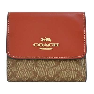 COACH 立體馬車小logo拼接PVC三折短夾(棕紅)