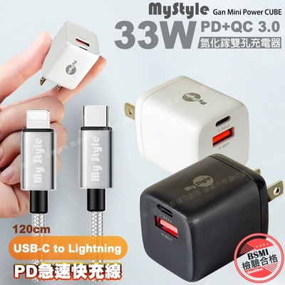 MyStyle 33W氮化鎵迷你GaN PD+QC 3.0 雙孔快速充電器+耐彎折編織 Type-C to Lightning PD快充線-銀