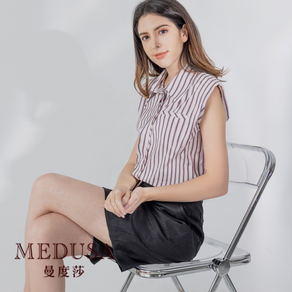 現貨【MEDUSA 曼度莎】藍紅直紋墊肩無袖襯衫（M-XL）｜女上衣 無袖上衣 長版上衣