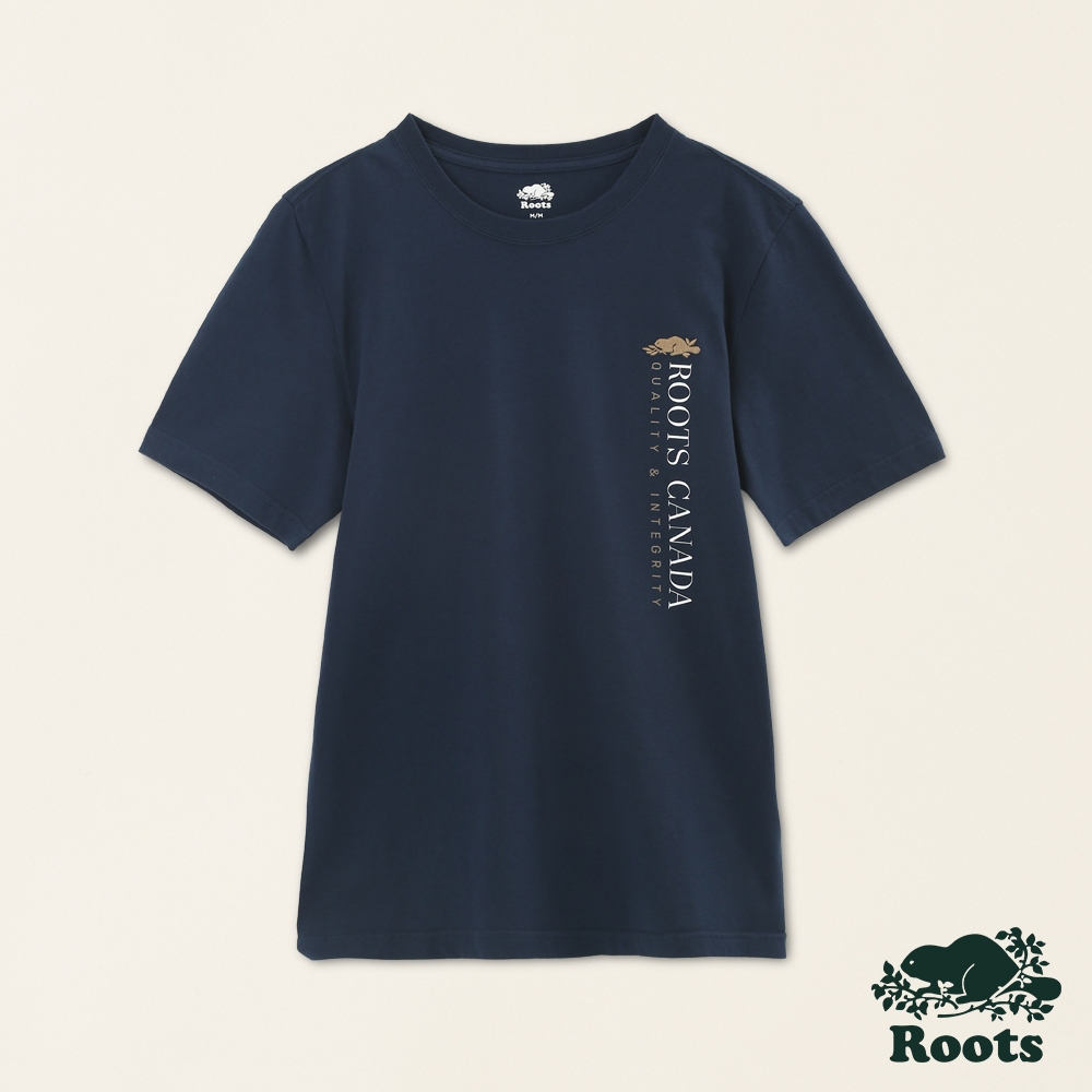 Roots男裝-舒適生活系列 文字LOGO厚磅有機棉短袖T恤-深藍色