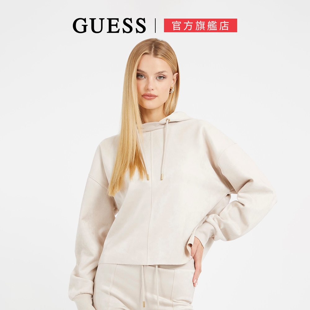 【GUESS】素面俐落剪裁長袖帽T-白