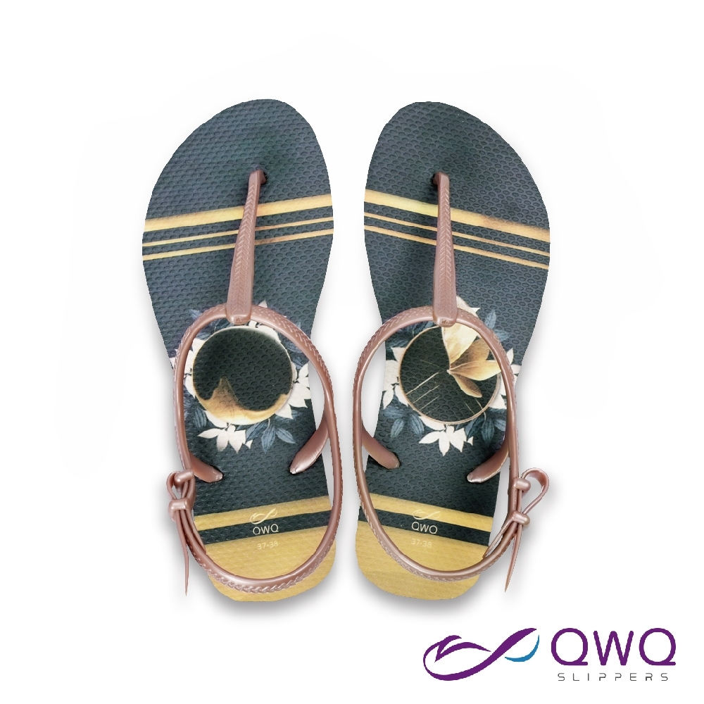 QWQ繪圖綁帶T字涼鞋-腳型修長款休閒涼鞋-Flora金蝶-薔薇金(GABC00309)
