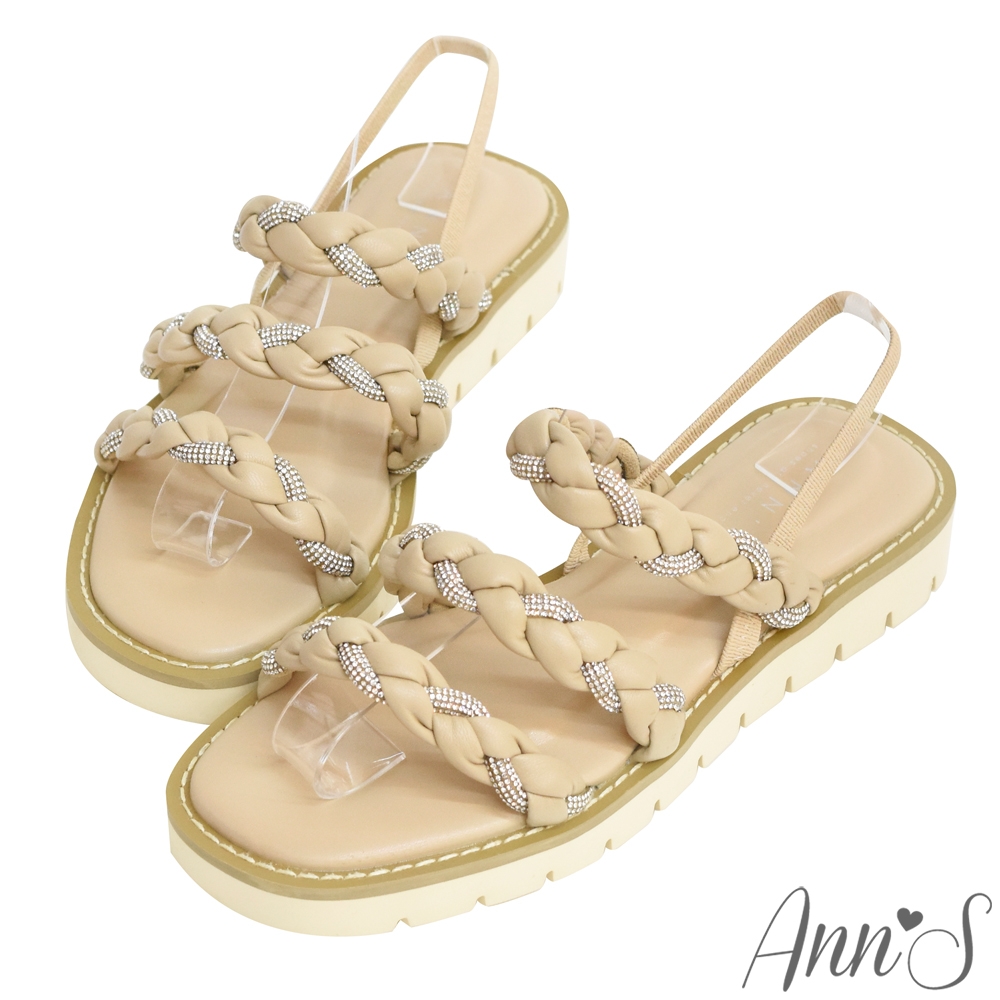 Ann’S偏愛鑽鍊-麻花編織三條帶厚底方頭涼鞋3cm-米白