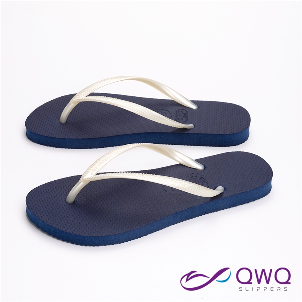 QWQ女生素面防滑夾腳拖-Slim跳色系列-藍底白帶-時尚休閒涼拖鞋(AAAA11204)