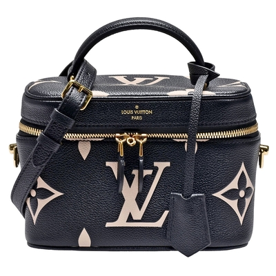 LV Louis Vuitton路易威登 M45780經典VANITY PM系列Empreinte雙色牛皮手提/斜背化妝包(黑/米)