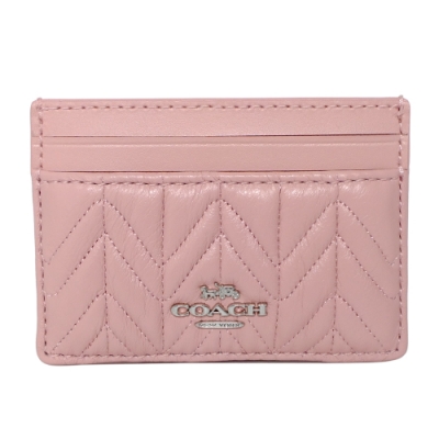 COACH粉紅抓摺V紋全皮雙面票卡夾