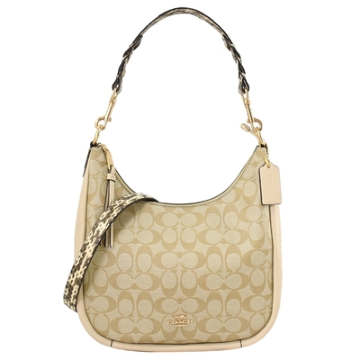 COACH Jules Hobo 金屬馬車LOGO荔枝皮革蛇紋背帶肩斜兩用包(卡其/白)