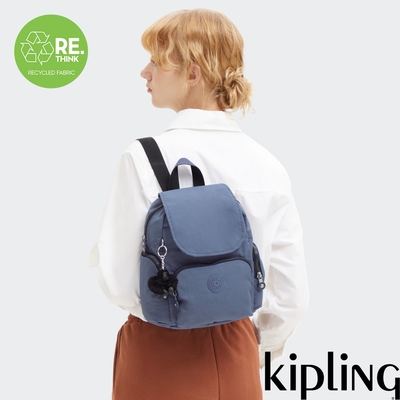 『猴子包』Kipling 簡約霧灰藍掀蓋拉鍊後背包-CITY ZIP MINI