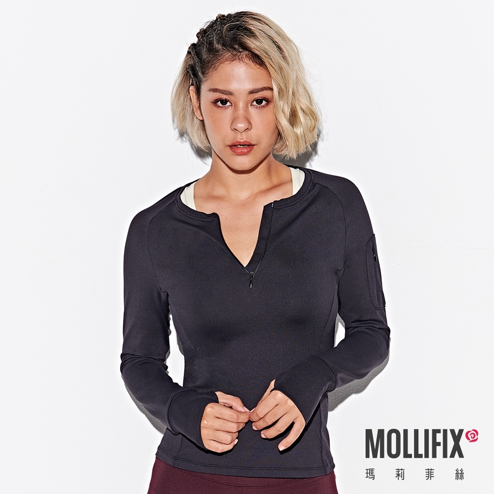 Mollifix 瑪莉菲絲 小腰修身長袖訓練衣 (黑)
