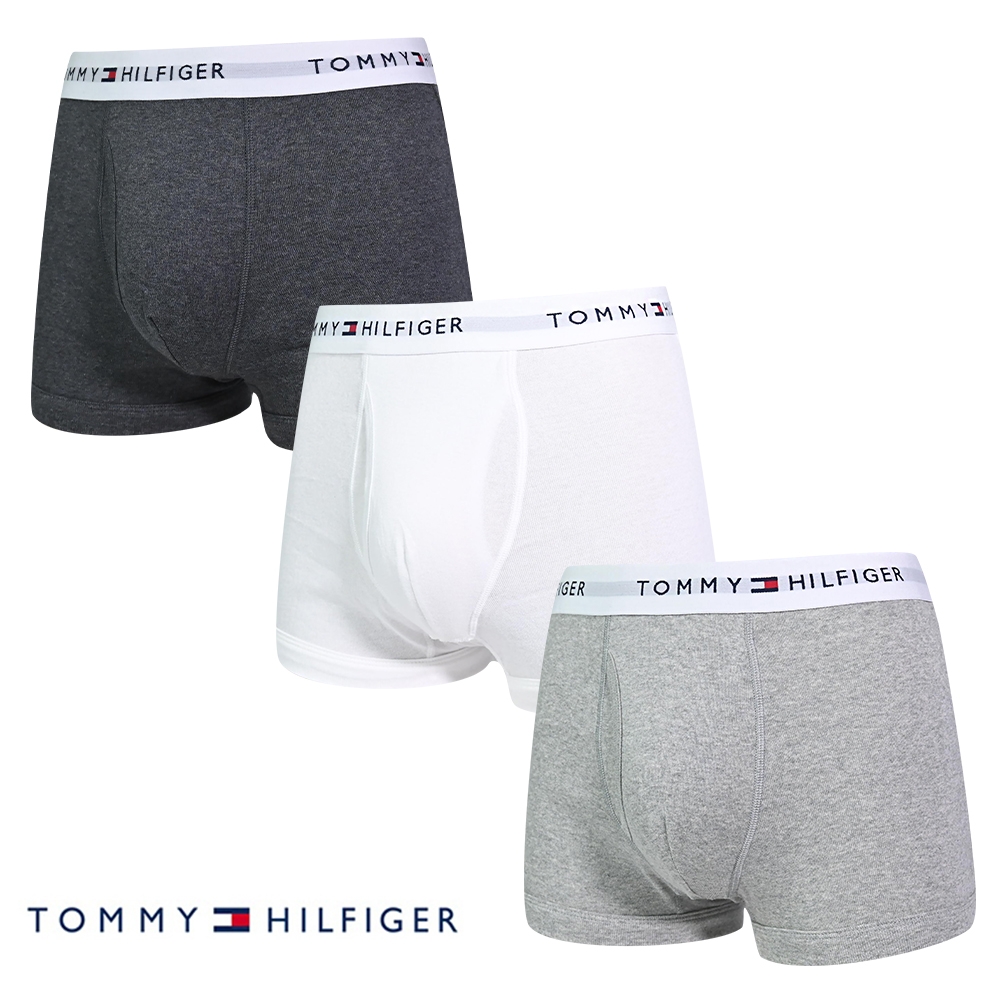 Tommy Hilfiger Cotton Stretch 男內褲 短版棉質高彈性合身平口褲/Tommy四角褲-深灰、白、灰 三入組