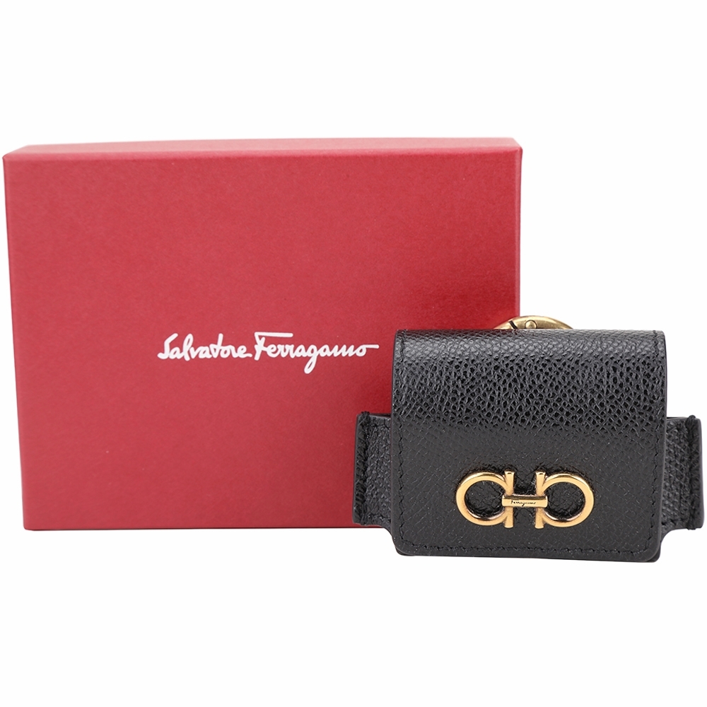 Salvatore Ferragamo Gancini  AirPod 馬蹄飾防刮牛皮耳機套/鑰匙圈(黑色)