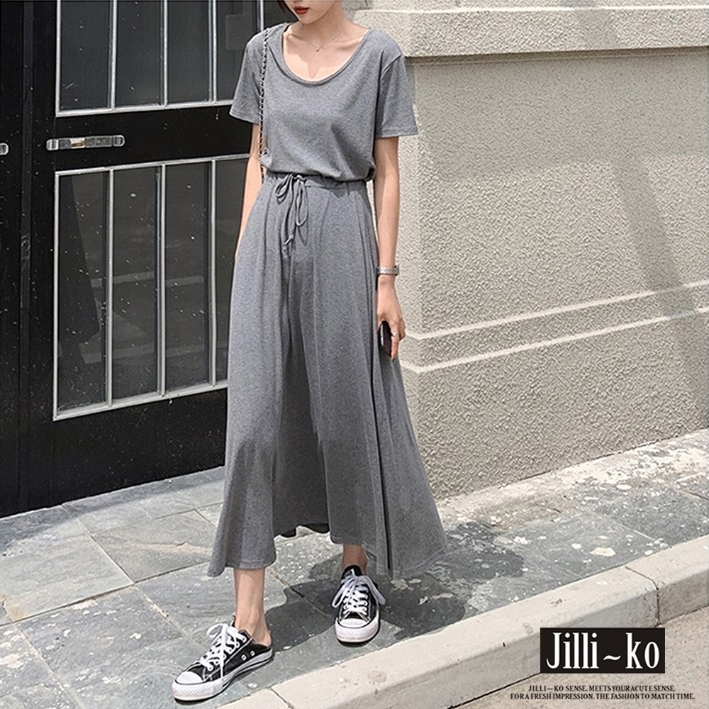 JILLI-KO 夏季休閒基本款長裙套裝- 灰色