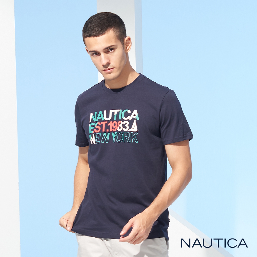 Nautica男裝玩轉色彩文字短袖T恤-藍