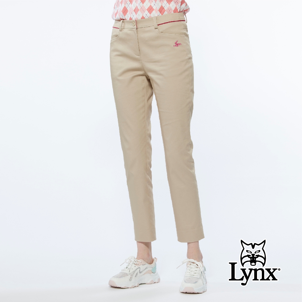 【Lynx Golf】女款彈性舒適混紡材質腰頭出芽配色窄管九分褲-卡其色