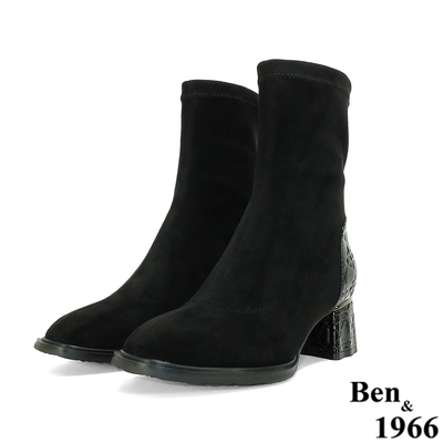 Ben&1966高級頭層牛皮流行舒適羊猄絨布中跟短靴-黑(217191)