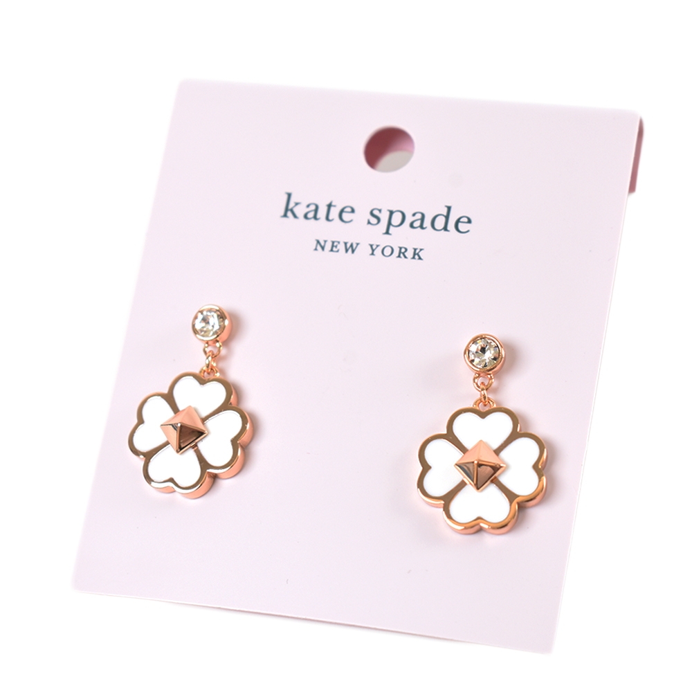 KATE SPADE 晶鑽琺瑯幸運草耳環-白色