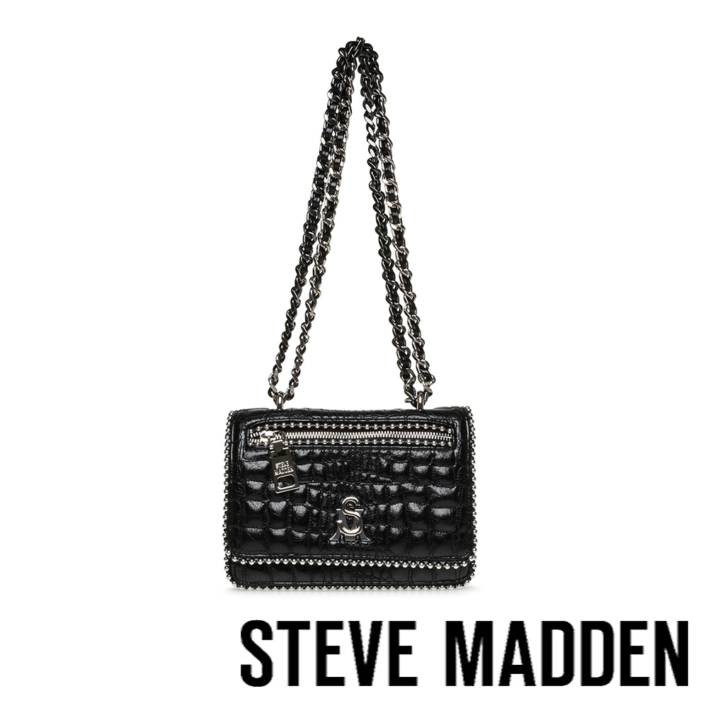 STEVE MADDEN-BIRENA 格紋鉚釘鍊帶斜背包-黑色