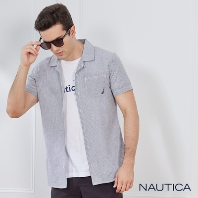 Nautica 男裝 低調直條紋短袖襯衫-深灰