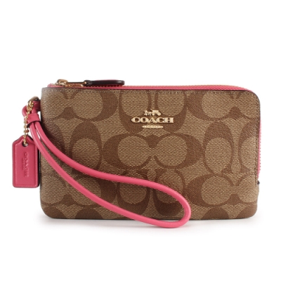 COACH 馬車LOGO 荔枝紋皮革L型雙層拉鍊手拿包-莓果粉