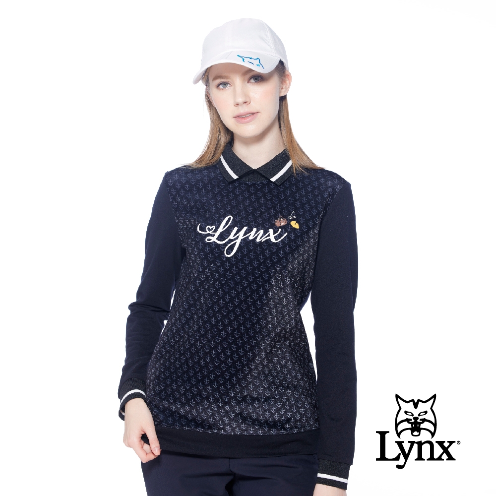 【Lynx Golf】korea女款圓領假兩件式羅紋配色領船錨圖樣長袖POLO衫/高爾夫球衫-黑色