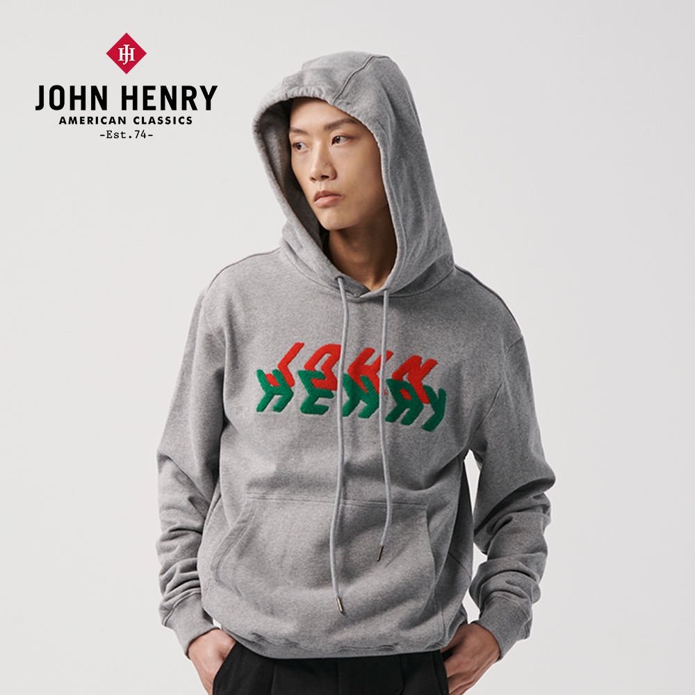 JOHN HENRY 幾何logo毛巾繡連帽T-灰