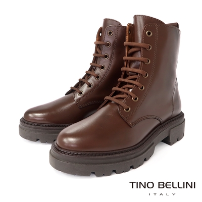 Tino Bellini 義大利進口牛皮側拉鍊厚底繫帶中筒靴-咖啡