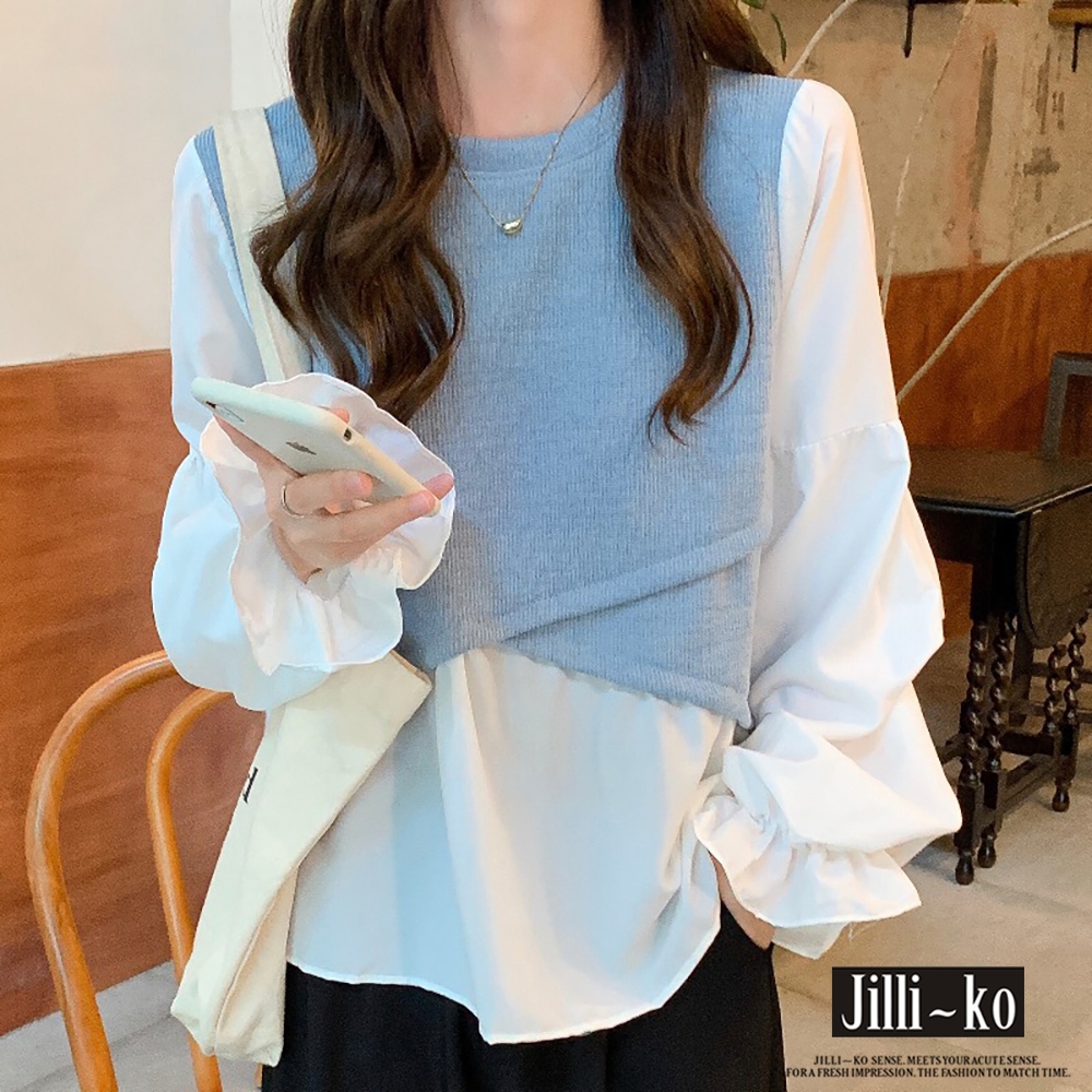 JILLI-KO 設計感撞色假兩件襯衫氣質圓領衛衣- 藍色