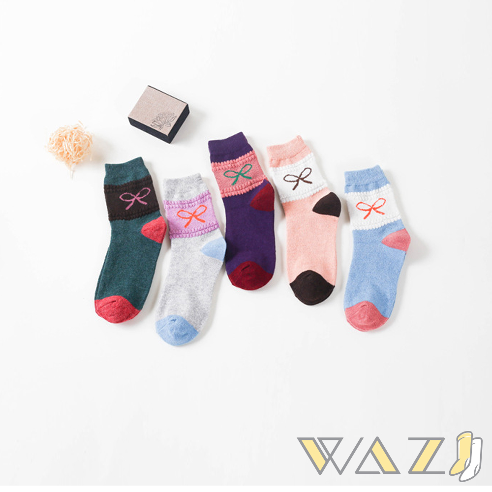Wazi-蝴蝶結撞色寬條仿兔羊毛中筒襪 (1組五入)
