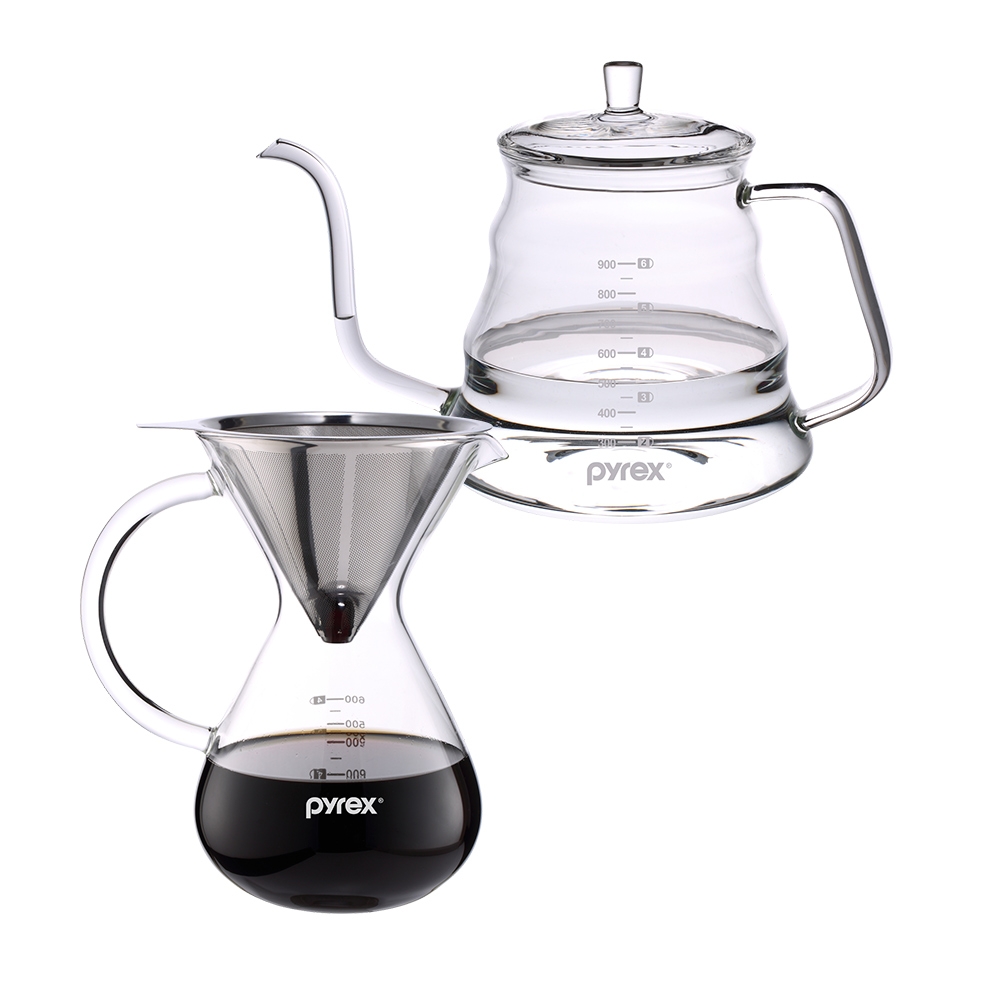 【美國康寧】Pyrex Cafe玻璃細口手沖壺1.0L+手沖咖啡玻璃壺600ML