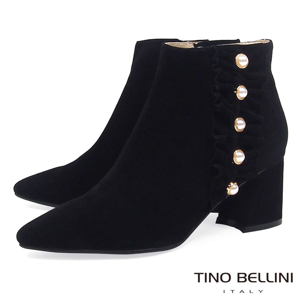 Tino Bellini浪漫抓摺鑲珍珠全真皮高跟短靴_黑