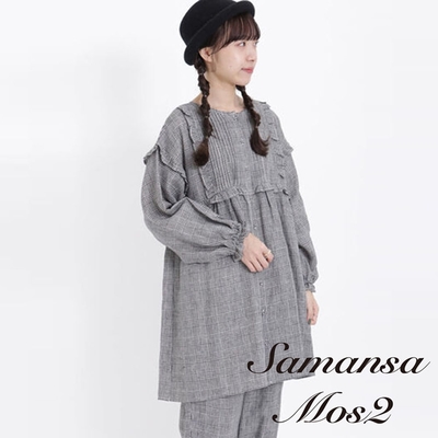 Samansa Mos2 素面/格紋亞麻長版圓領襯衫上衣