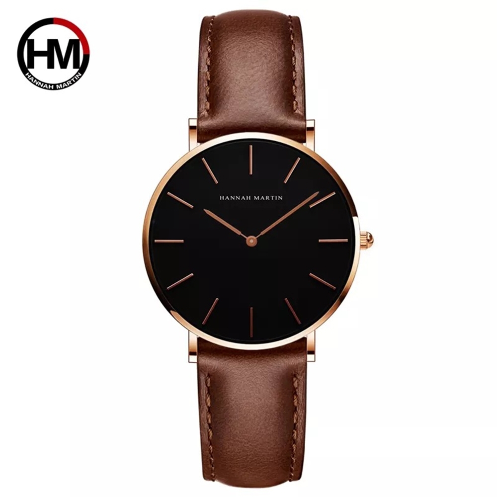 HANNAH MARTIN 金色刻度設計感腕錶(HM-CH36-FK)- 黑面咖啡帶x36mm