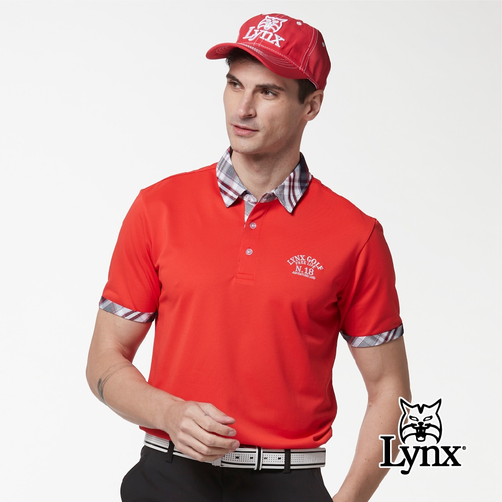 【Lynx Golf】男款吸濕排汗素面基本款格子配布設計短袖POLO衫-紅色