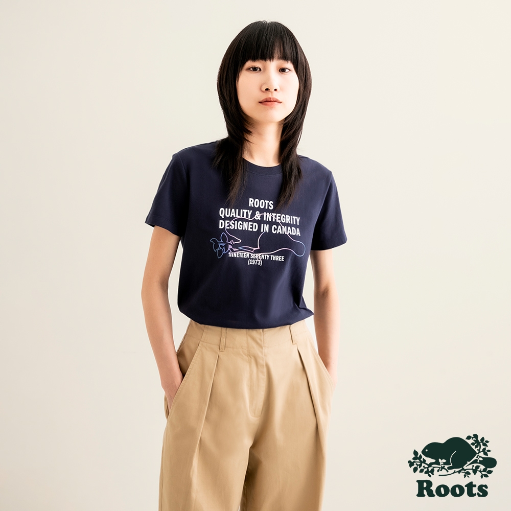 Roots 女裝-摩登都市系列 漸層海狸線條短袖T恤-軍藍色