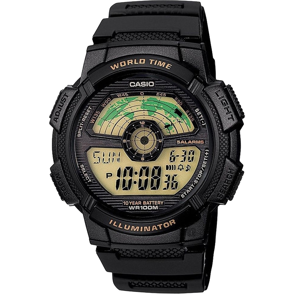 CASIO 卡西歐 10年電力 雷達式世界地圖手錶 迎春好禮-黑 AE-1100W-1BVDF