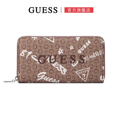 【GUESS】個性塗鴉LOGO長夾-咖啡