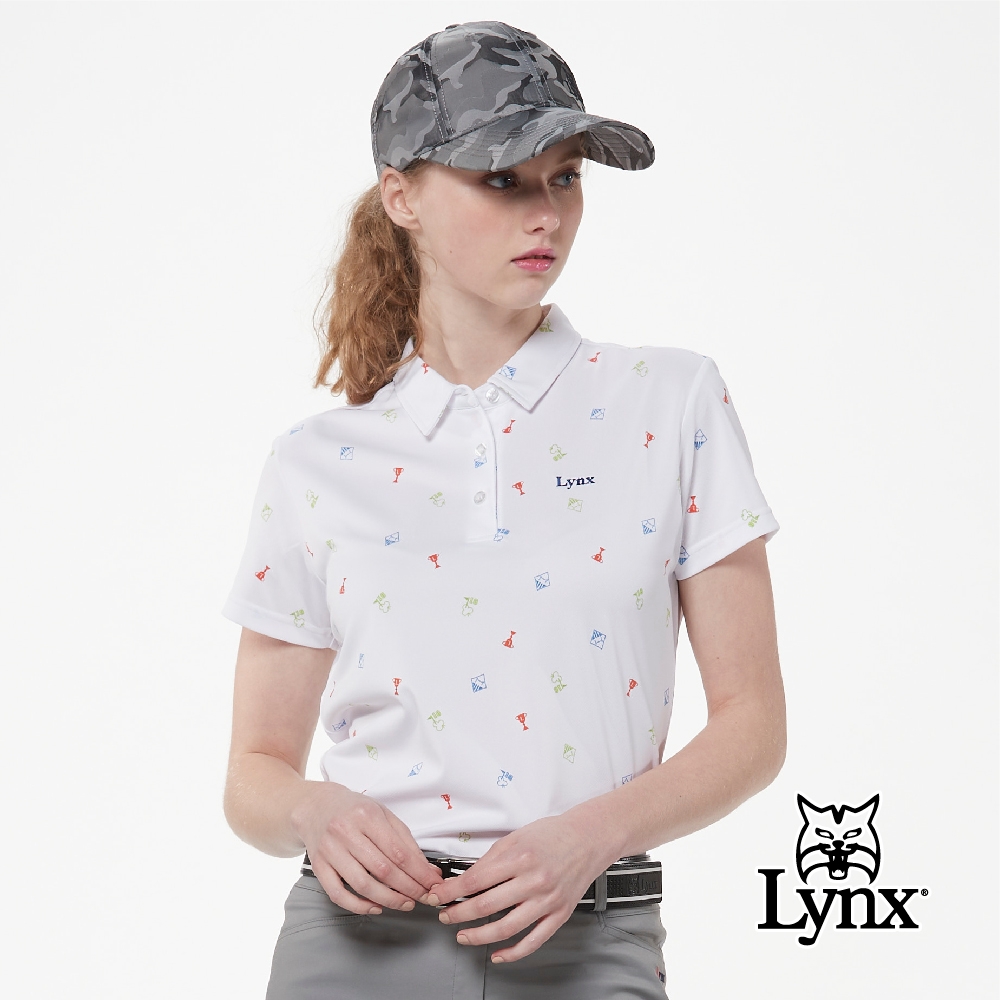 【Lynx Golf】女款吸濕排汗網眼材質滿版獎盃印花短袖POLO衫-白色