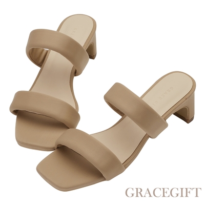 【Grace Gift】俐落斜方頭雙帶中跟拖鞋 卡其