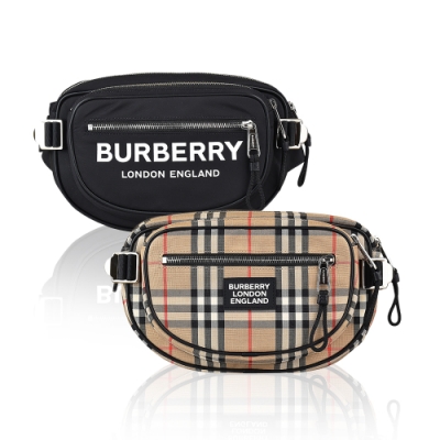 BURBERRY 印花白字/格紋LOGO尼龍/帆布拉鍊胸掛包(中/兩色)