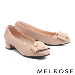 低跟鞋 MELROSE 美樂斯 質感優雅金屬飾釦牛漆皮方頭低跟鞋－粉