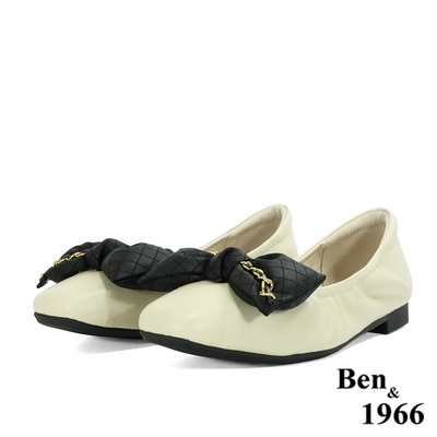 Ben&1966高級頭層羊皮可愛蝴蝶結方頭包鞋-米白(218112)