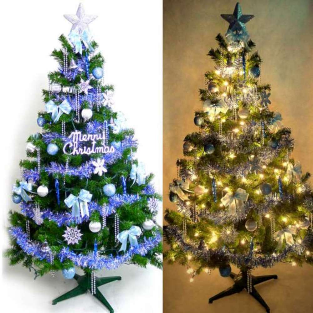 摩達客 台灣製4尺豪華版裝飾綠聖誕樹 (+飾品組-藍銀色系)(+100燈鎢絲樹燈串清光1串