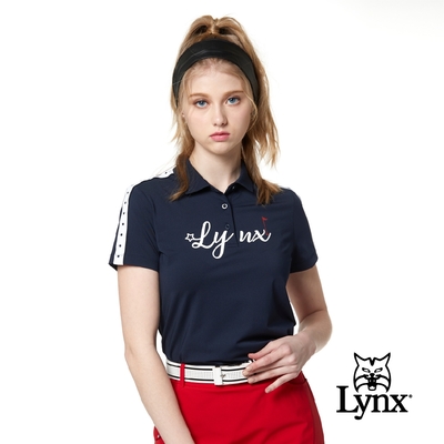 【Lynx Golf】Korea 女款兩肩織標設計Lynx字樣印花短袖POLO衫-深藍色