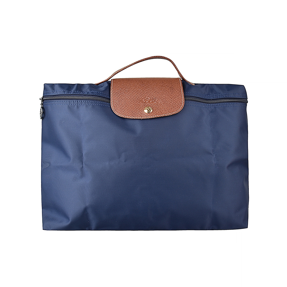 LONGCHAMP Le Pliage金字LOGO防水尼龍釦式拉鍊手提公事包(深藍)