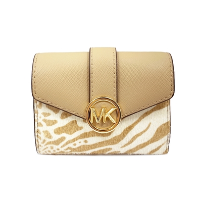 MICHAEL KORS Carmen 金字圓標LOGO動物紋皮草三折扣式皮夾中夾 駝色