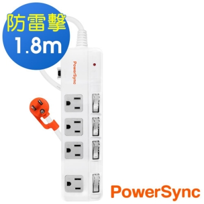 PowerSync 群加 3孔4開4插 斜面開關防雷延長線1.8米TPS344BN9018