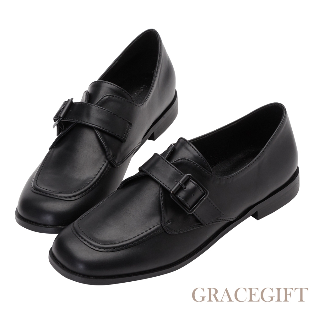 【Grace Gift】淑女風範方釦低跟樂福鞋 黑