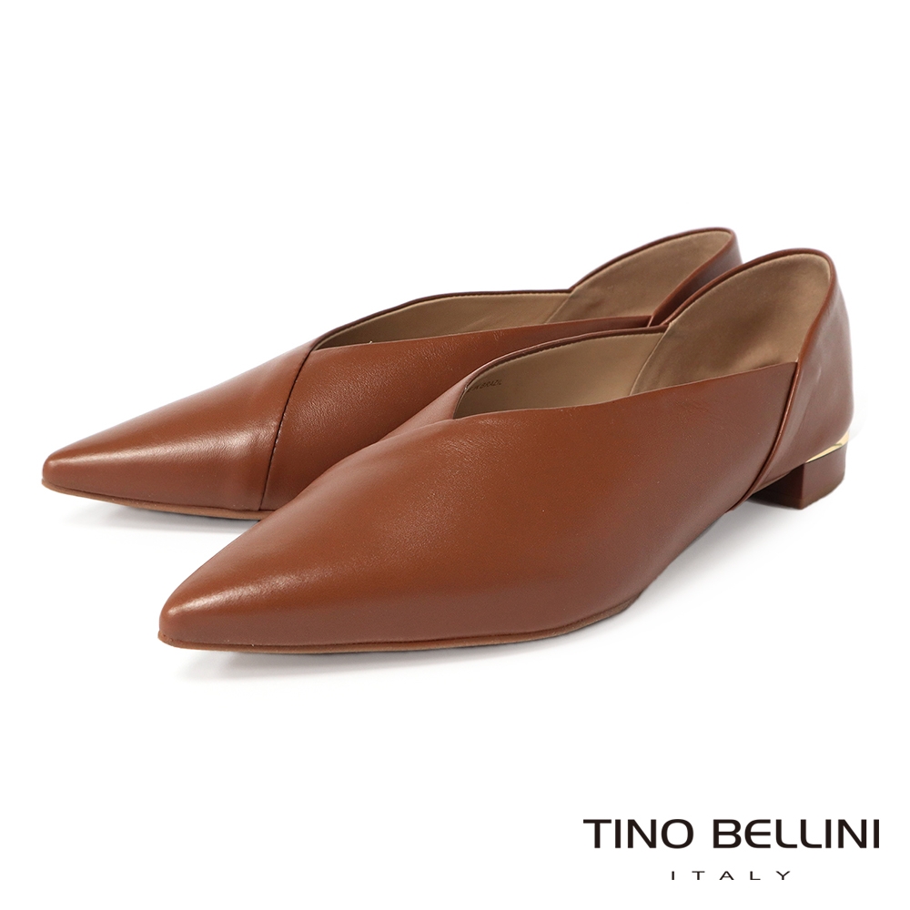 Tino Bellini 巴西進口簡約交叉拼接牛皮尖頭平底鞋-棕