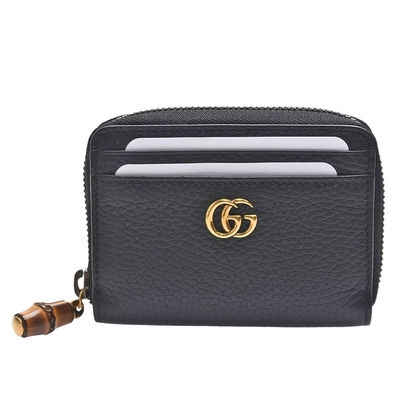 GUCCI 經典GG Marmont BAMBOO系列牛皮拉鍊零錢包(黑色)