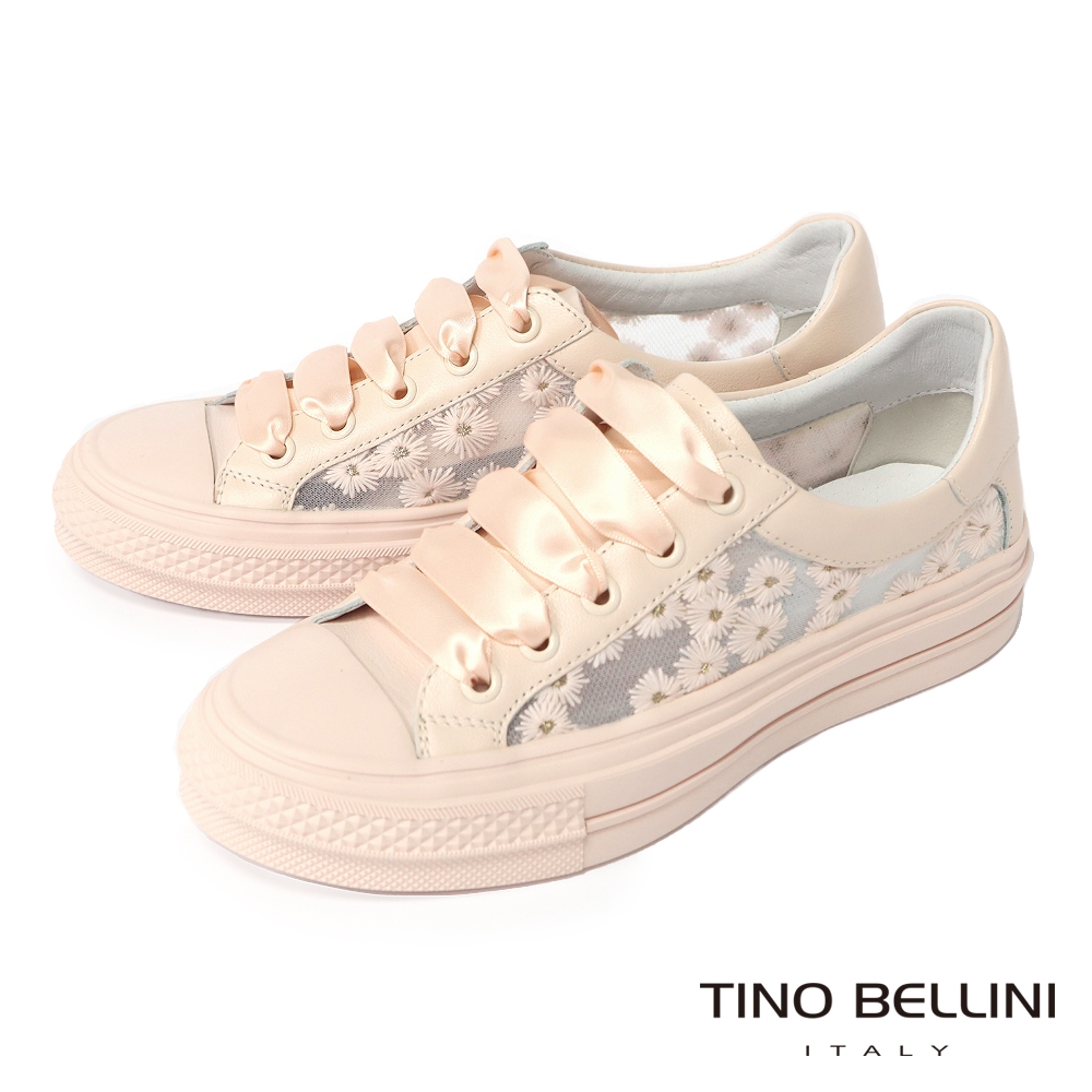 Tino Bellini 清甜刺繡小雛菊網紗拼接緞帶休閒鞋-粉紅